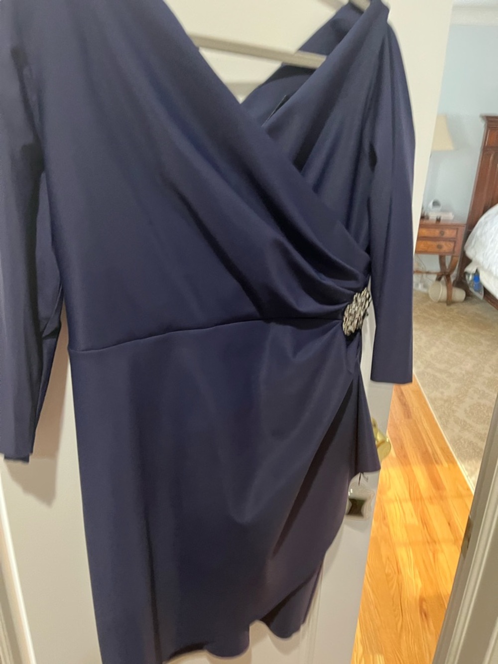Alex Evenings Navy Long-Sleeve Wrap Dress with Side Embellishment